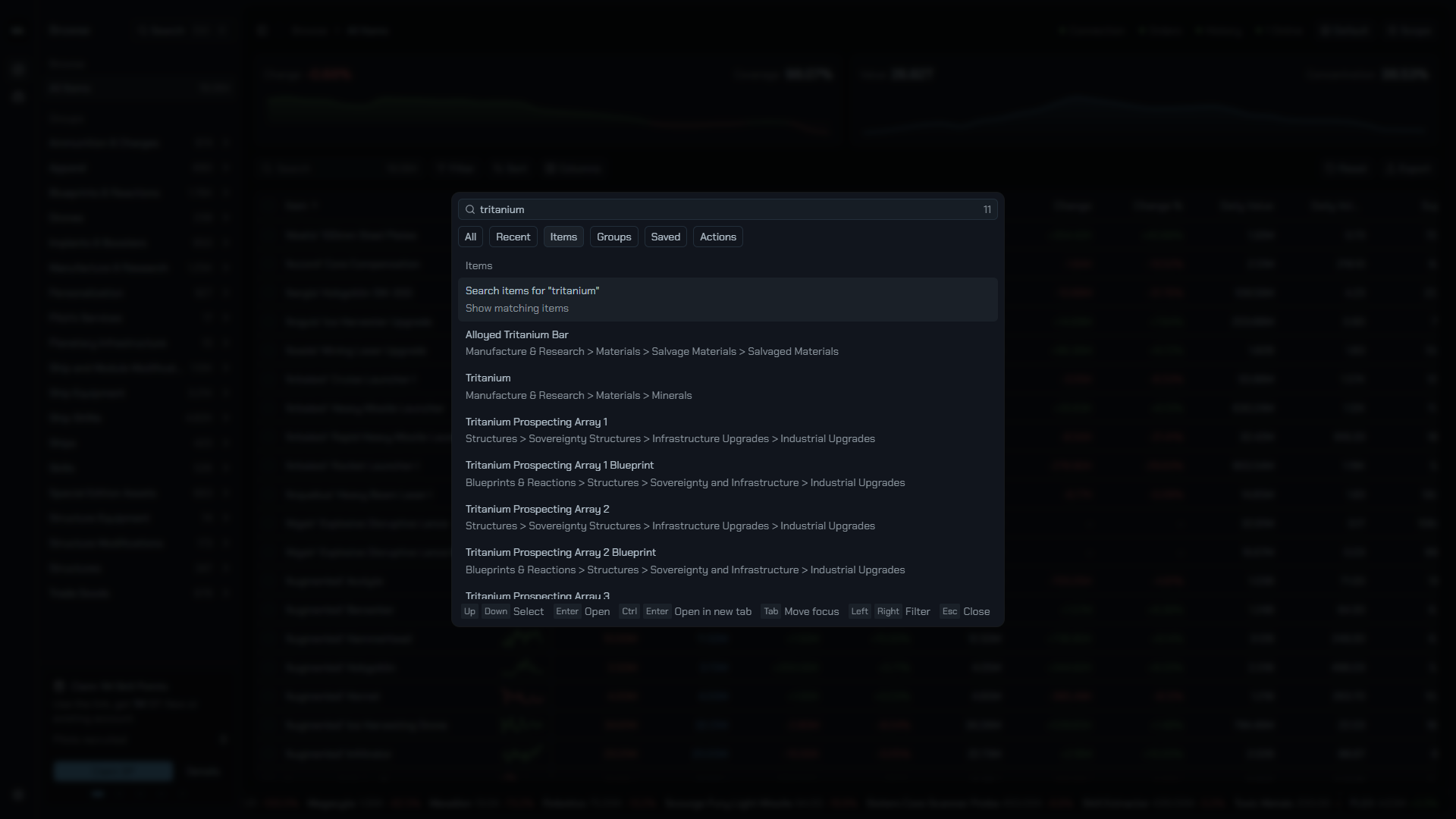 The Items tab with a long result list.