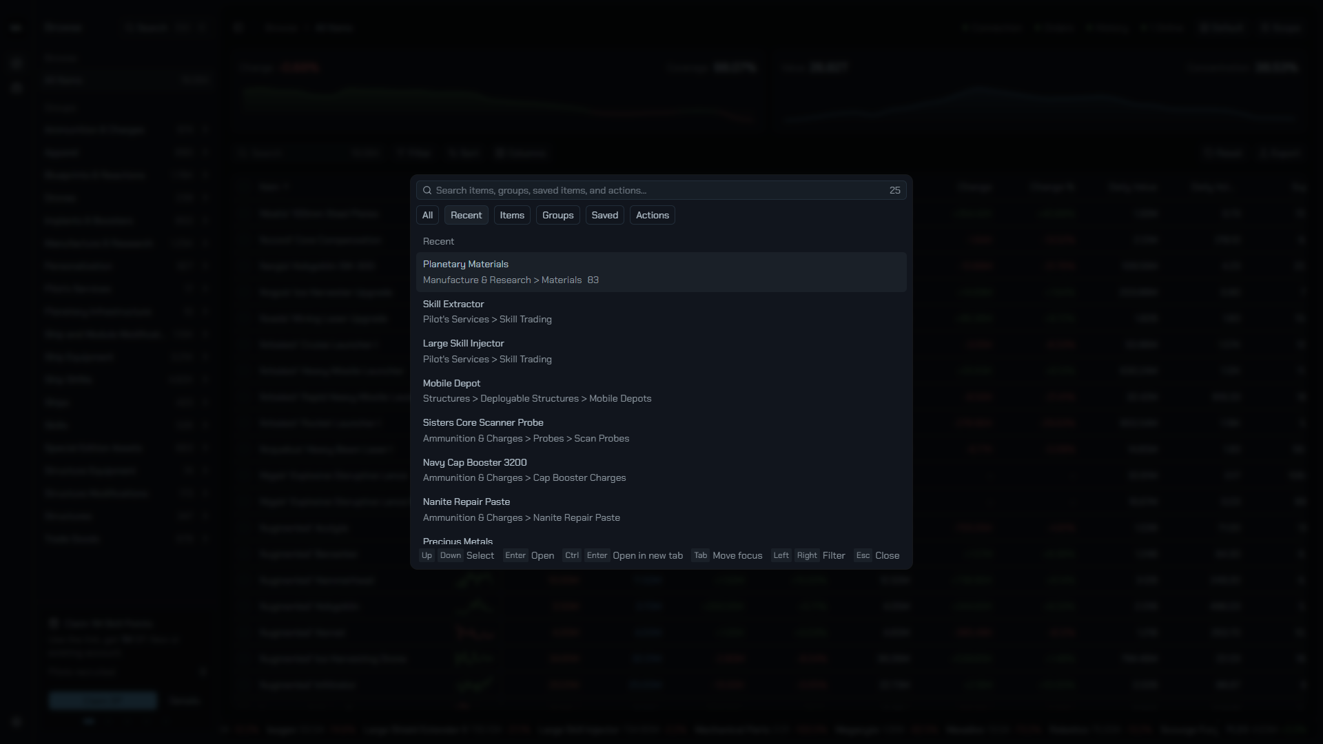 The Recent tab with a mix of items and past searches.