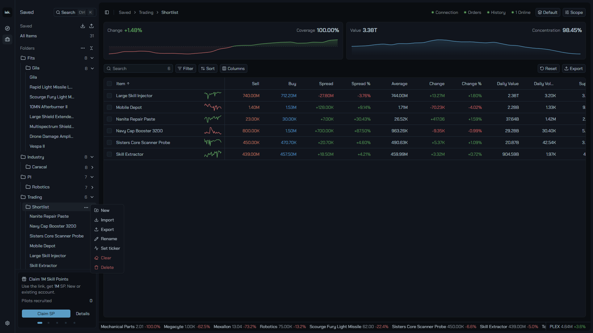 A folder menu with New, Import, Export, Rename and Set ticker.