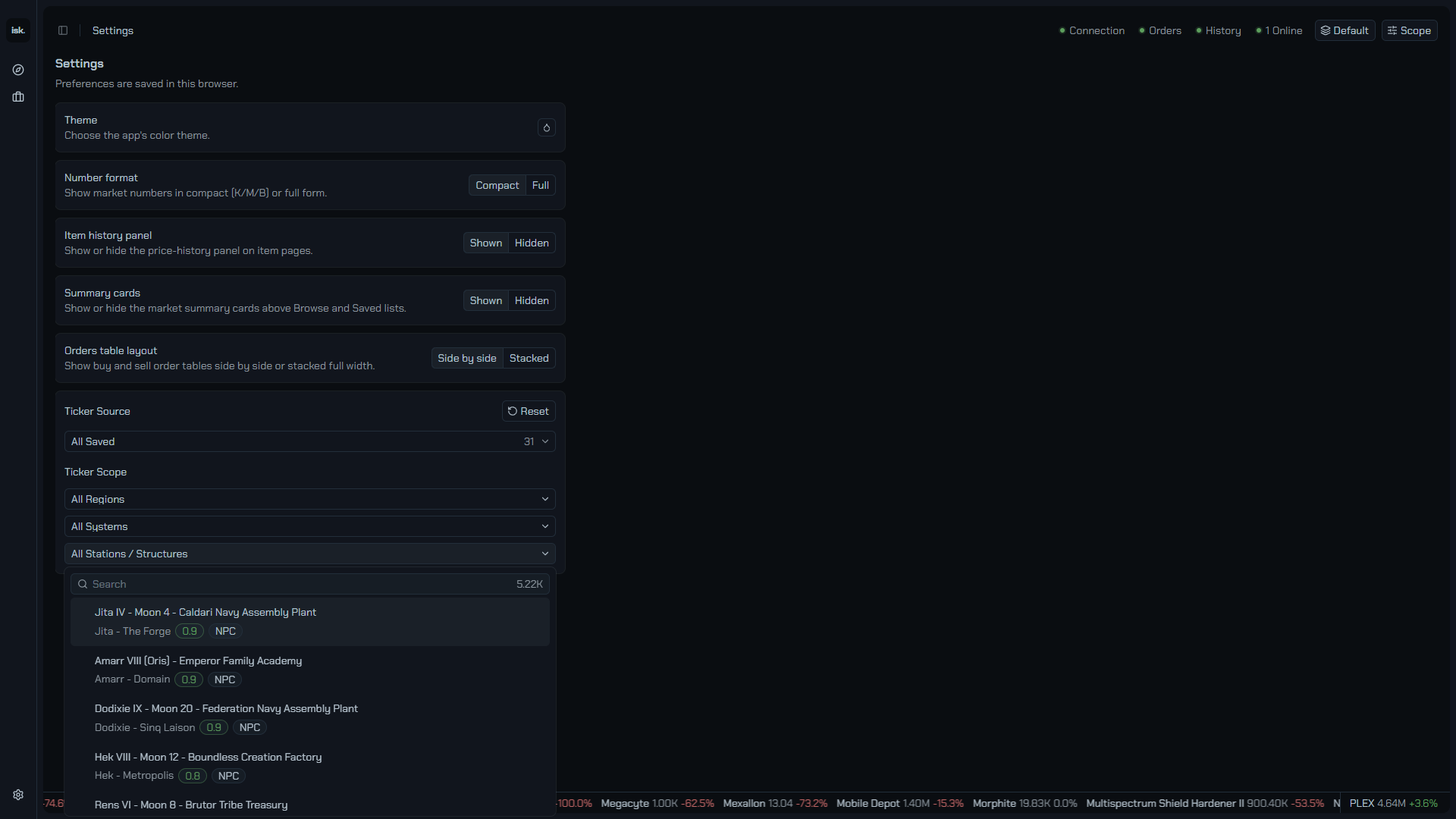 The Ticker Scope pickers in the ticker settings.