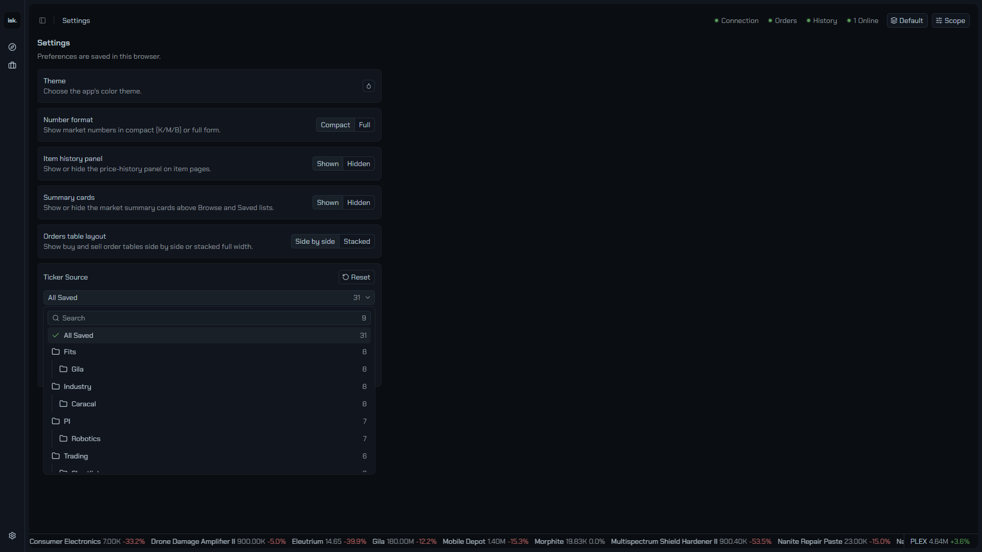The Ticker Source popover with All Saved and the folder list.