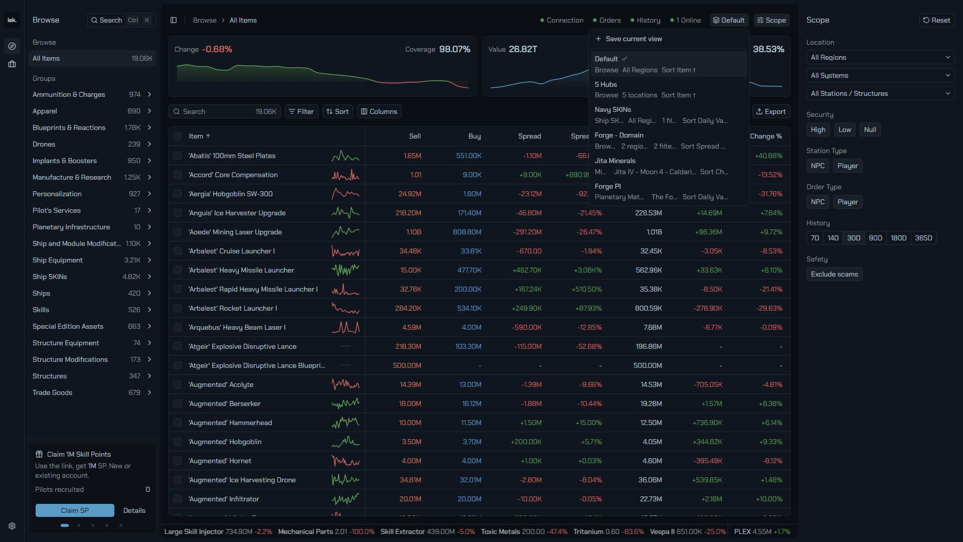 The Views menu with Default pinned first and saved views with contents lines.