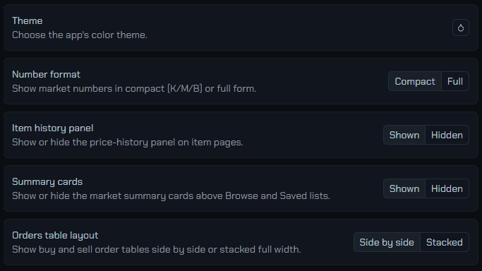 The five settings rows with their toggles.